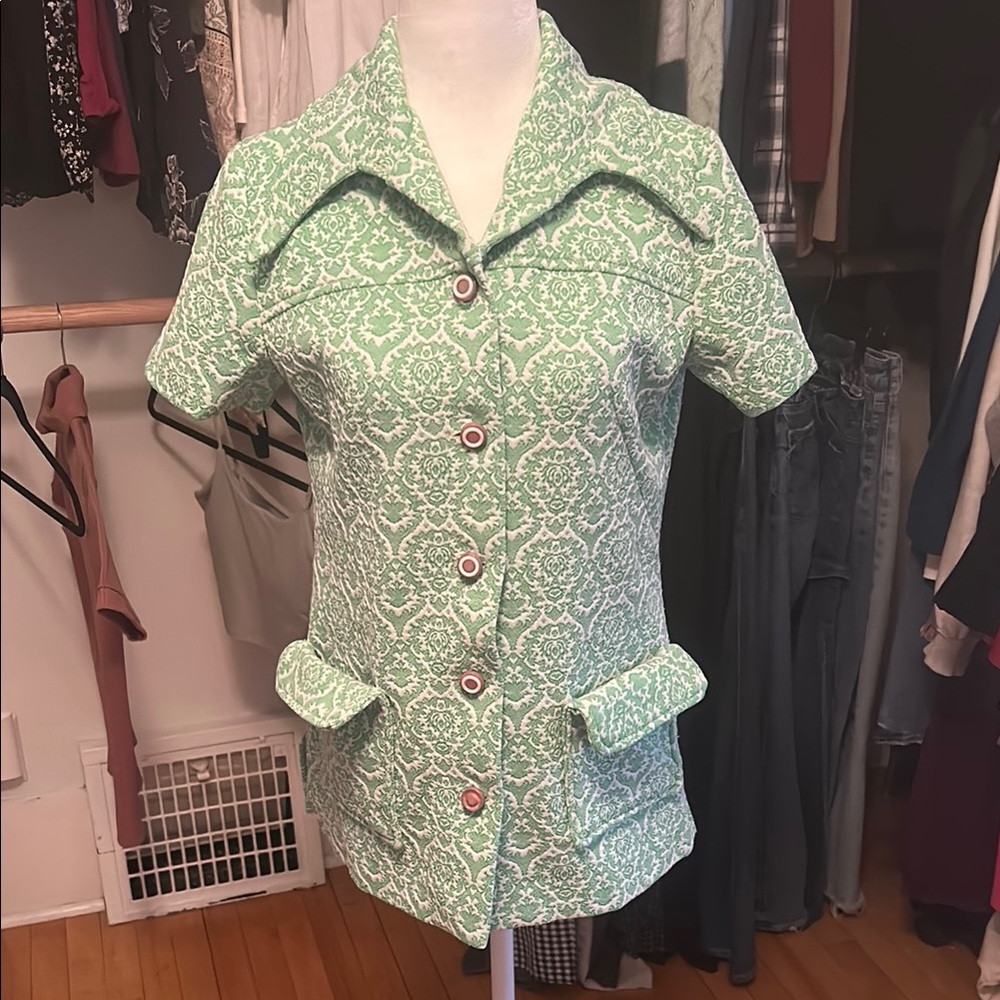Vintage Green Patterned Short Sleeve Blouse